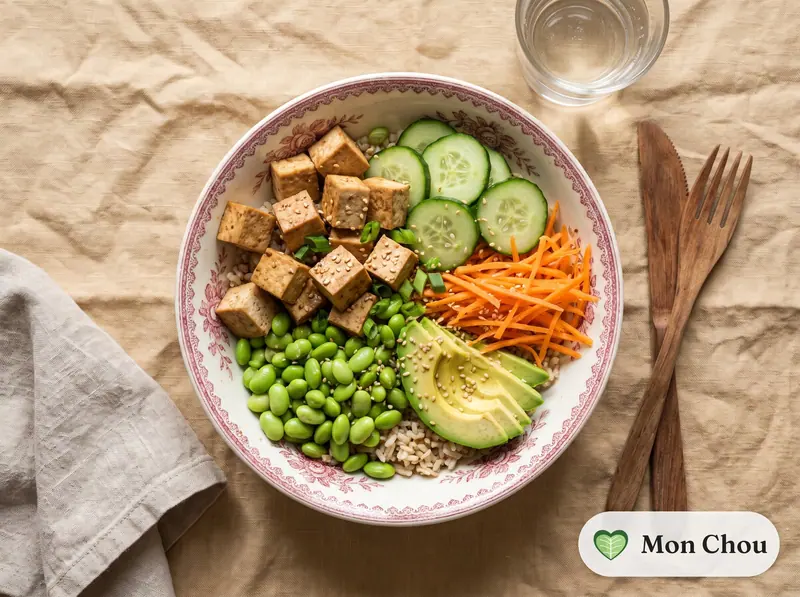 Bowl de tofu mariné, edamame et riz