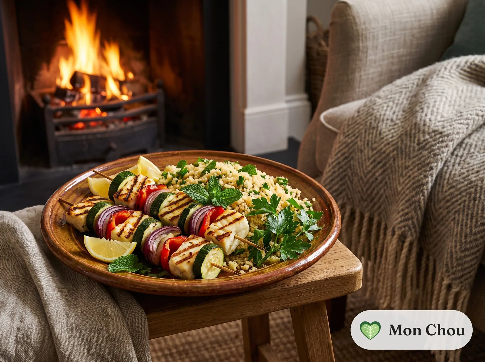 Grilled vegetable and halloumi skewers with herbed couscous
