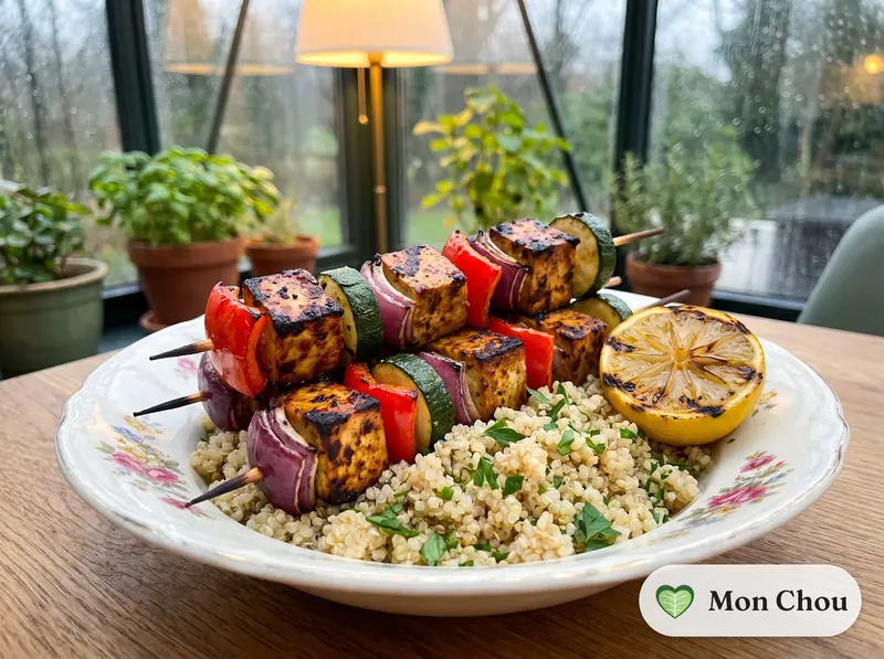 Brochettes de tofu mariné et quinoa