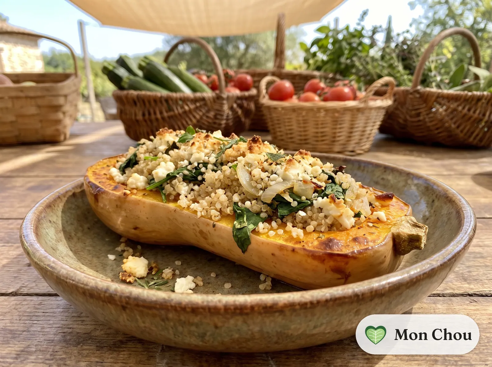 Stuffed butternut squash with quinoa and feta