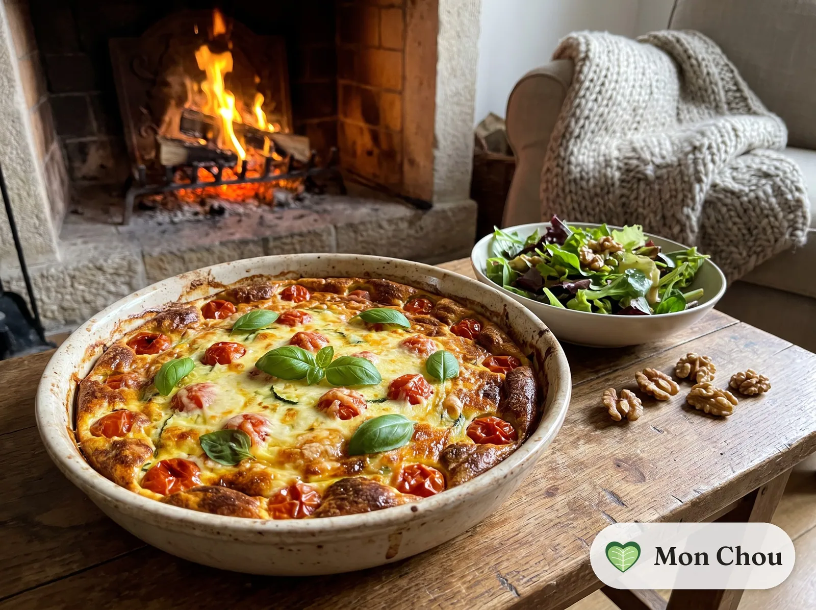 Clafoutis de courgettes et tomates cerises, salade