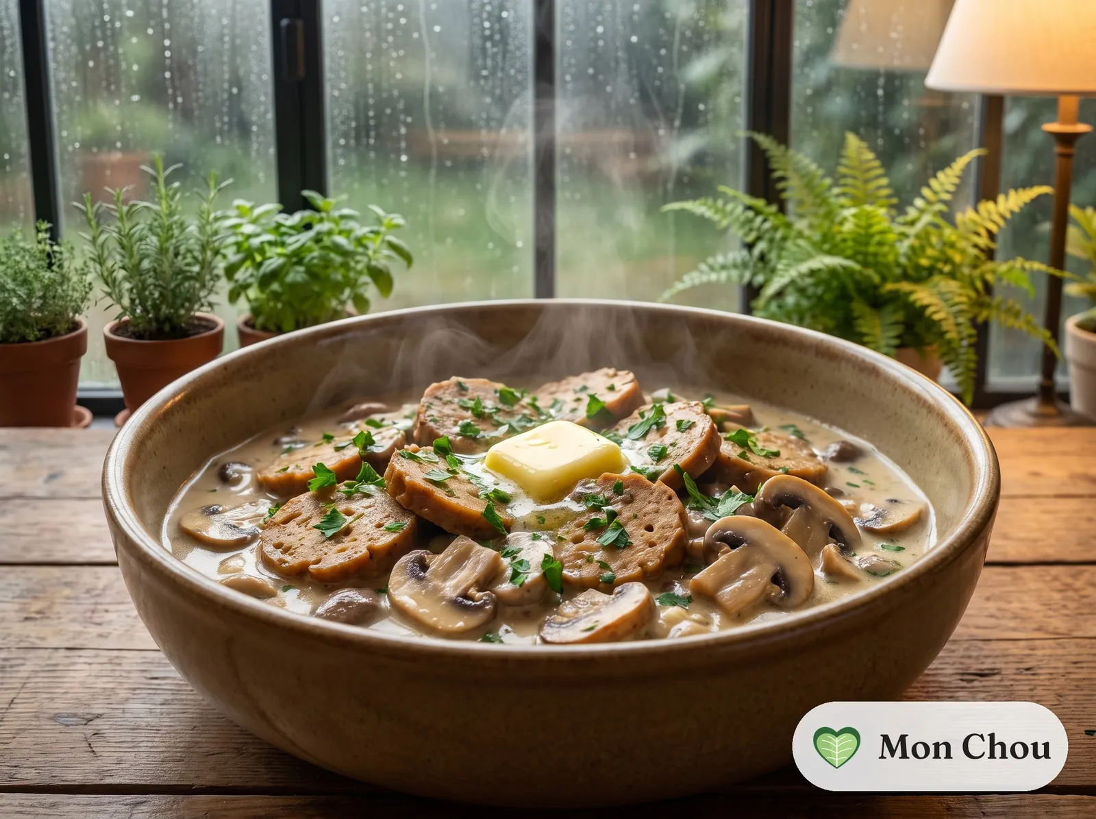 Émincé de seitan aux champignons et riz