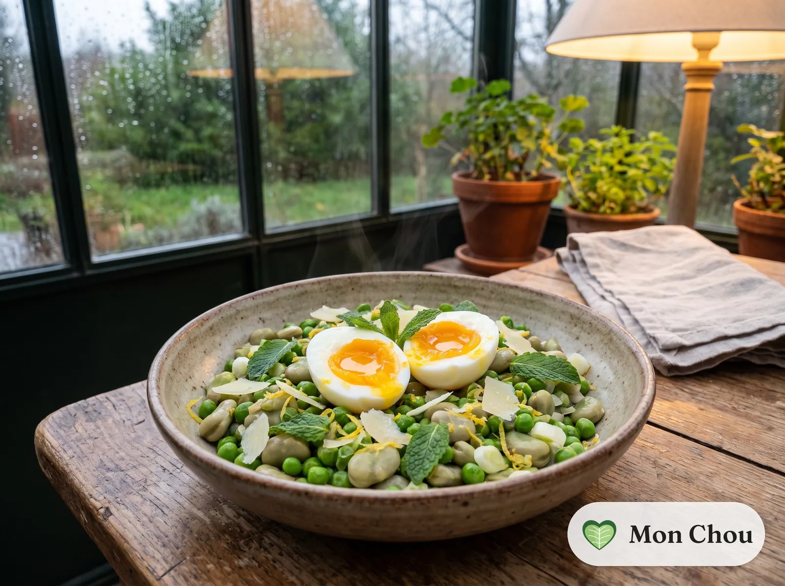 Fèves et petits pois à la menthe, œufs mollets