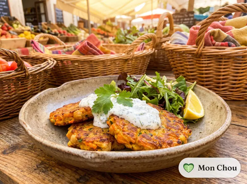 Galettes de pois chiches et carottes, sauce yaourt