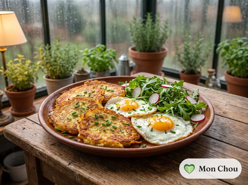 Galettes de pommes de terre, œufs au plat et salade