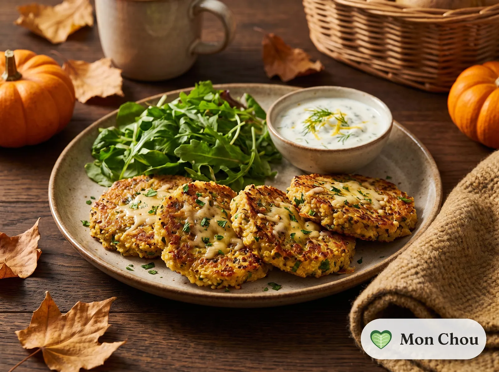 Galettes de quinoa, salade verte et sauce yaourt