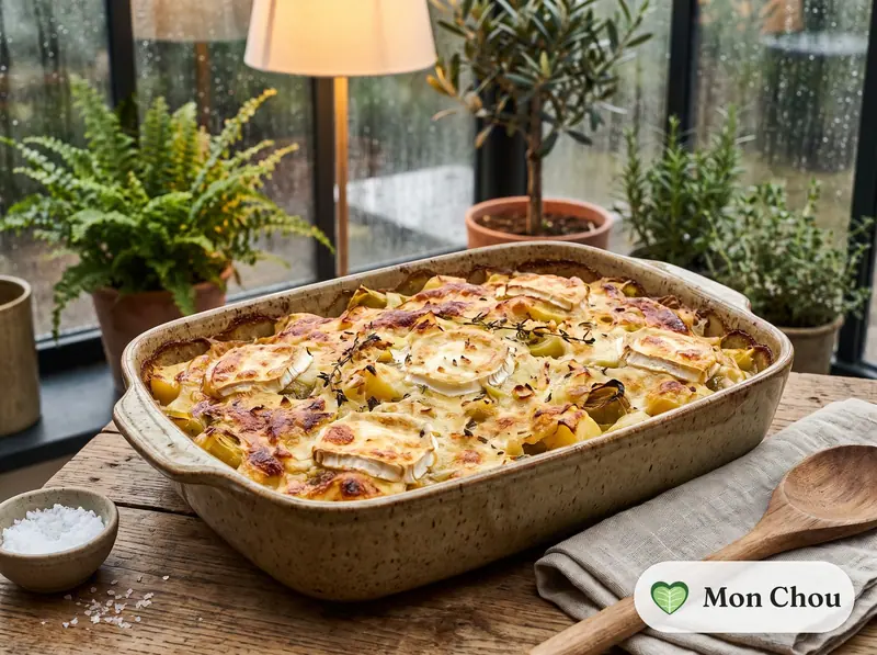 Leek, potato and goat cheese gratin