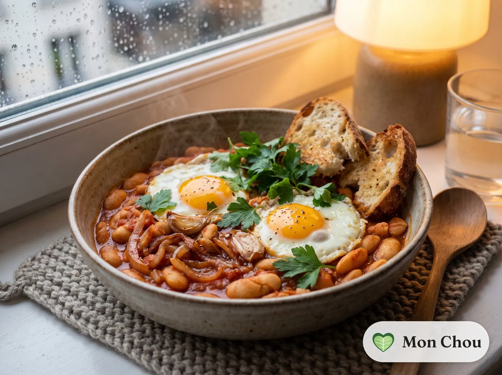 Haricots coco à la tomate et œufs au plat