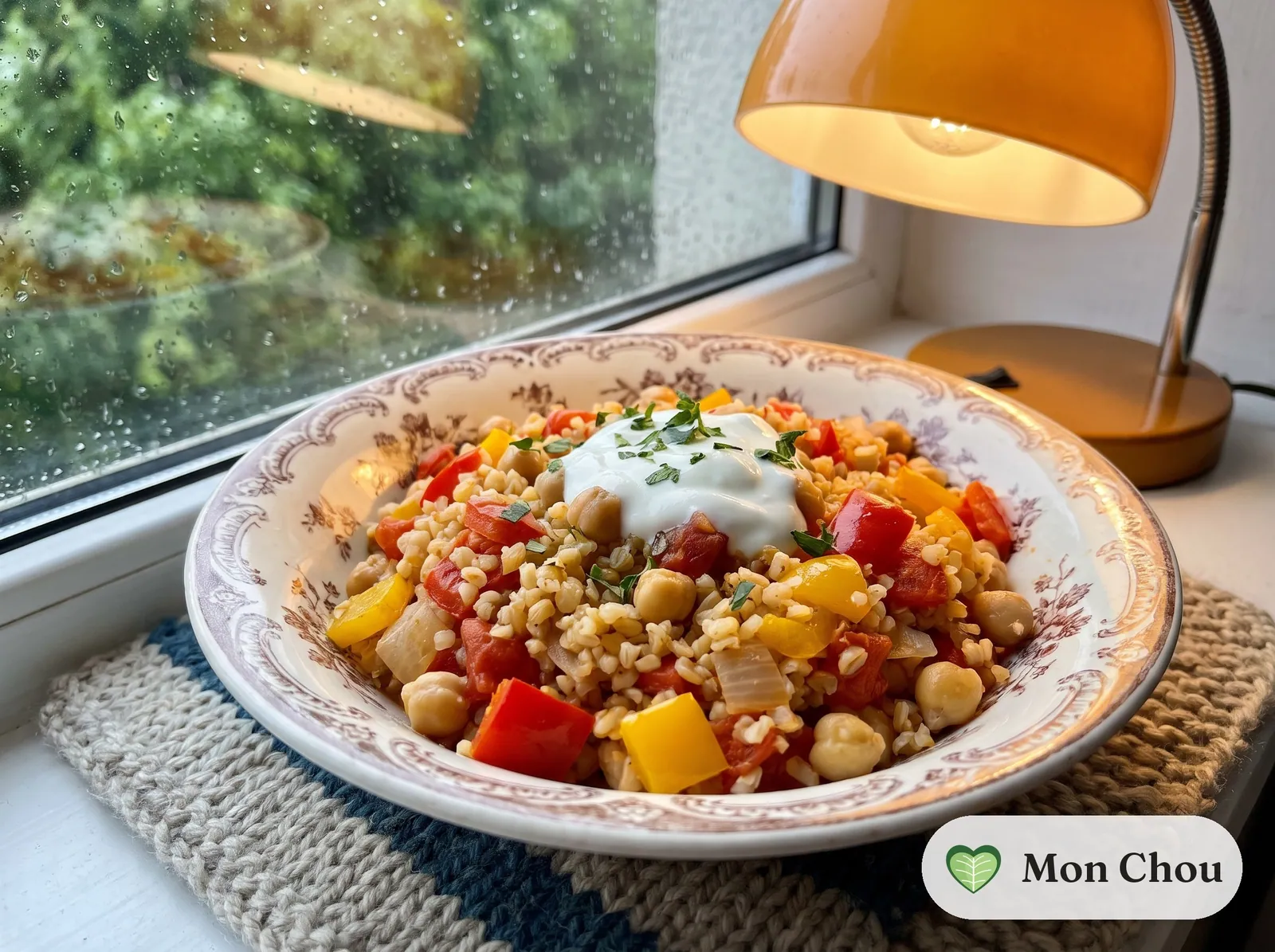 Bulgur skillet with peppers and chickpeas