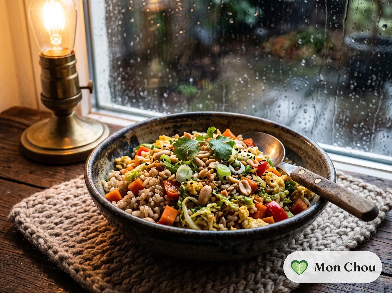 Fried brown rice with vegetables, egg, and peanuts