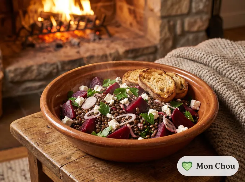 Salade tiède de lentilles, betterave et feta