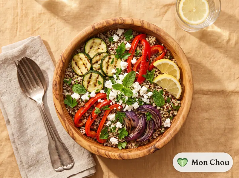 Taboulé de quinoa, feta et légumes grillés