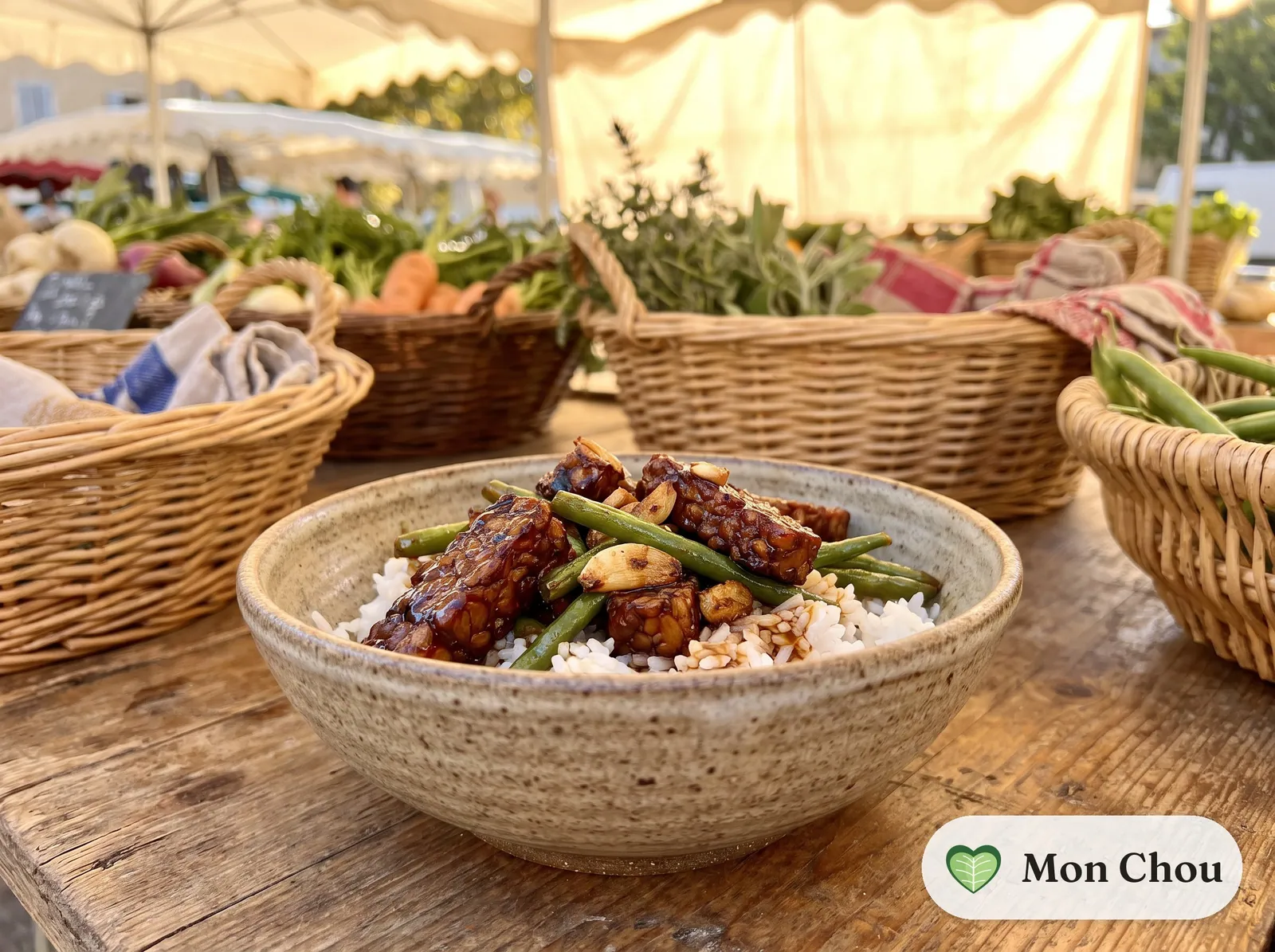 Tempeh caramélisé, haricots verts et riz