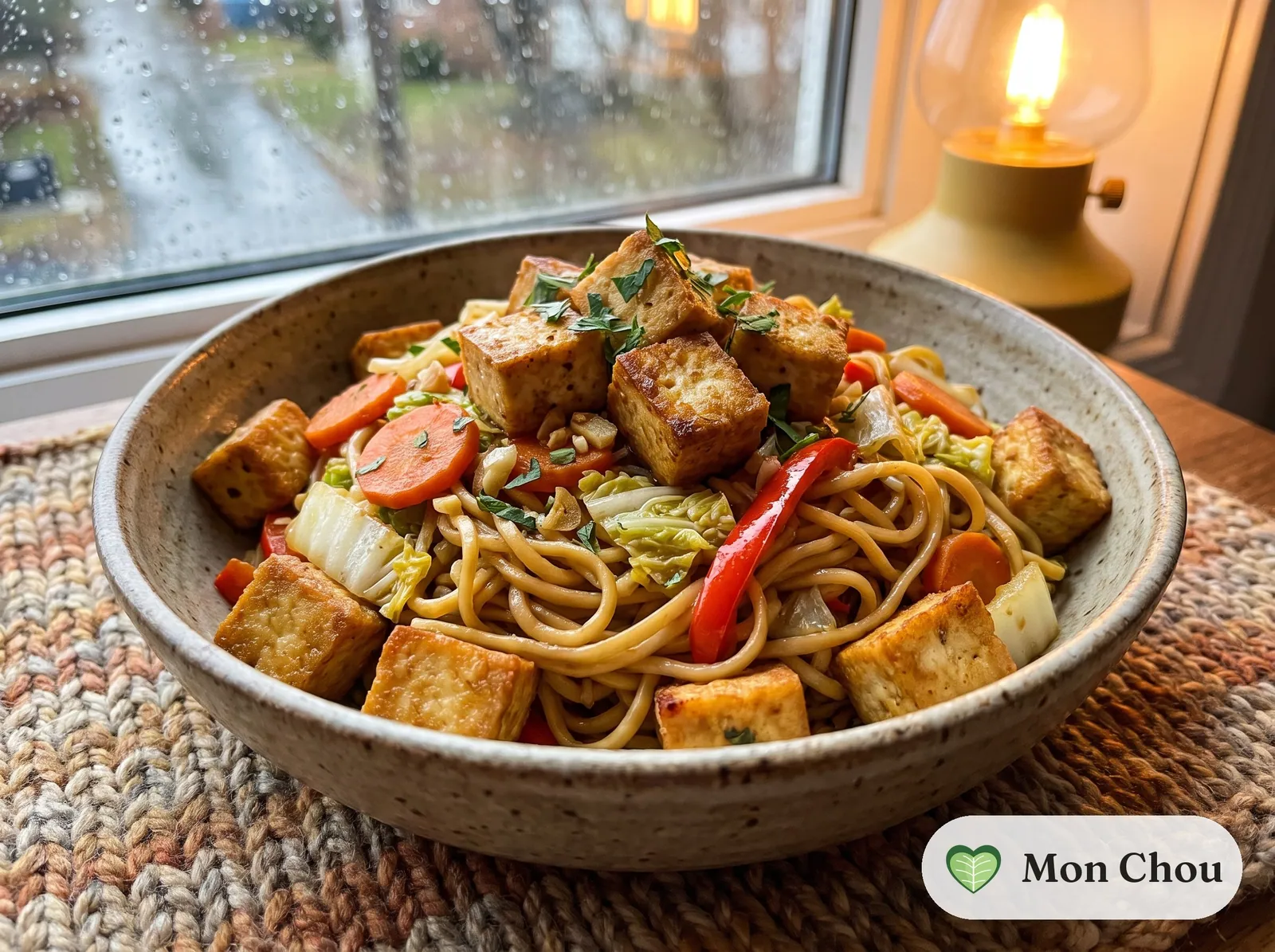 Tofu croustillant et nouilles sautées aux légumes