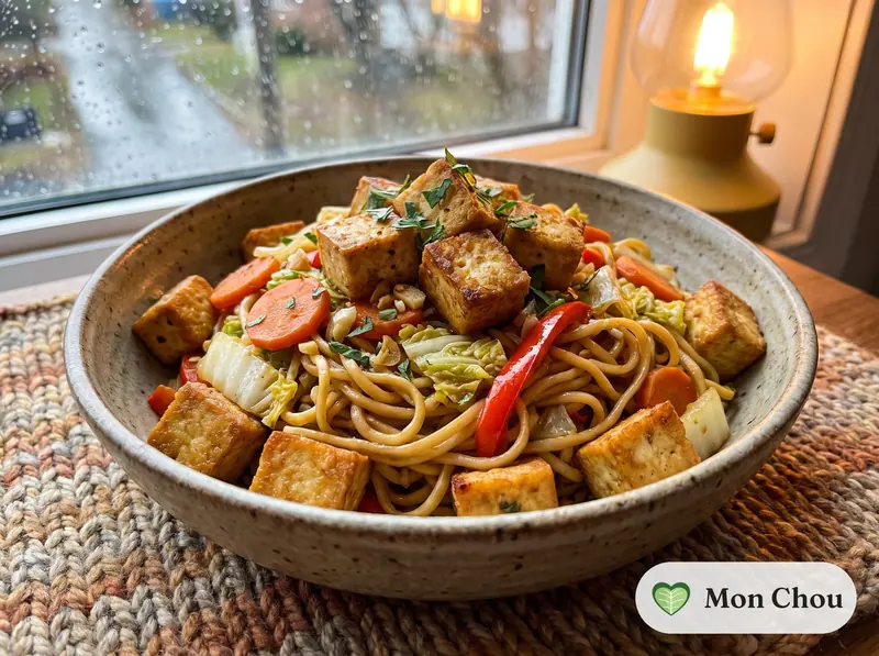 Tofu croustillant et nouilles sautées aux légumes