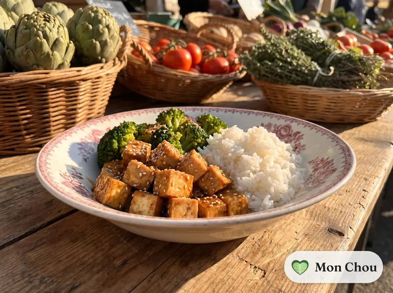 Tofu laqué au sésame, brocoli et riz