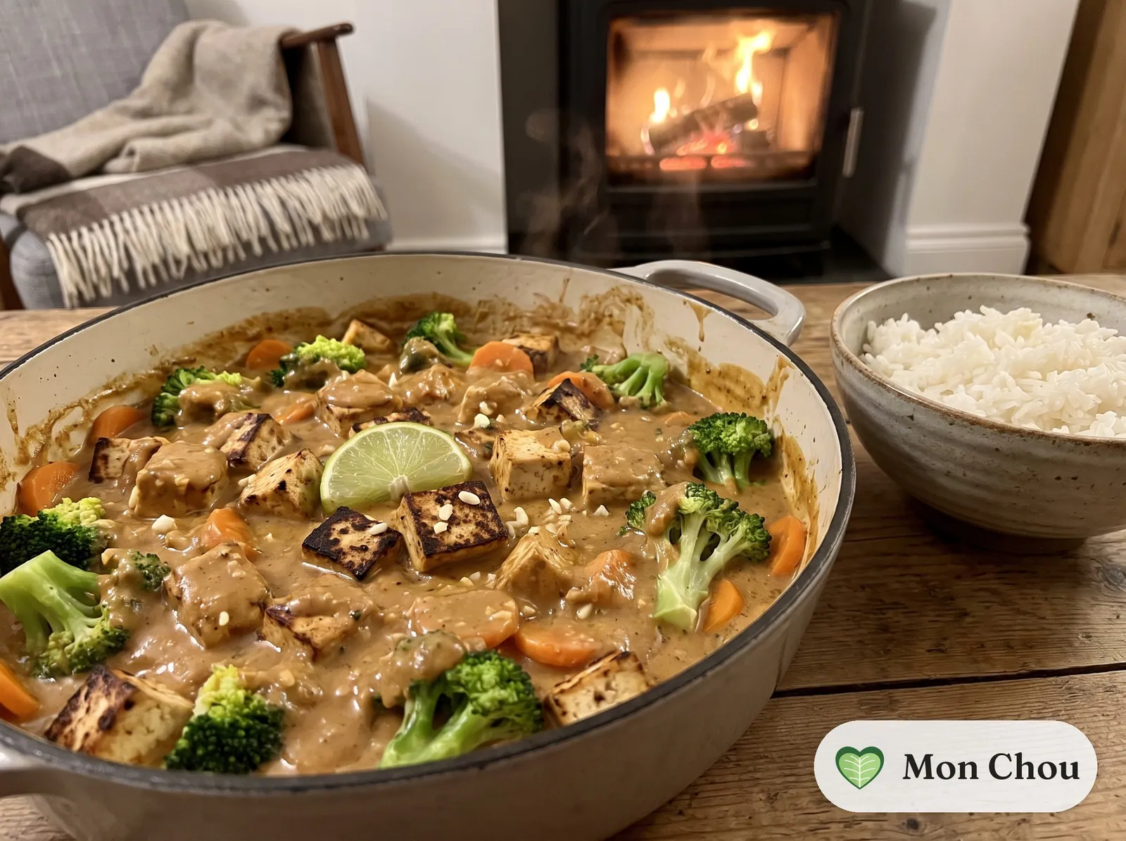 Peanut sauce tofu with rice and vegetables