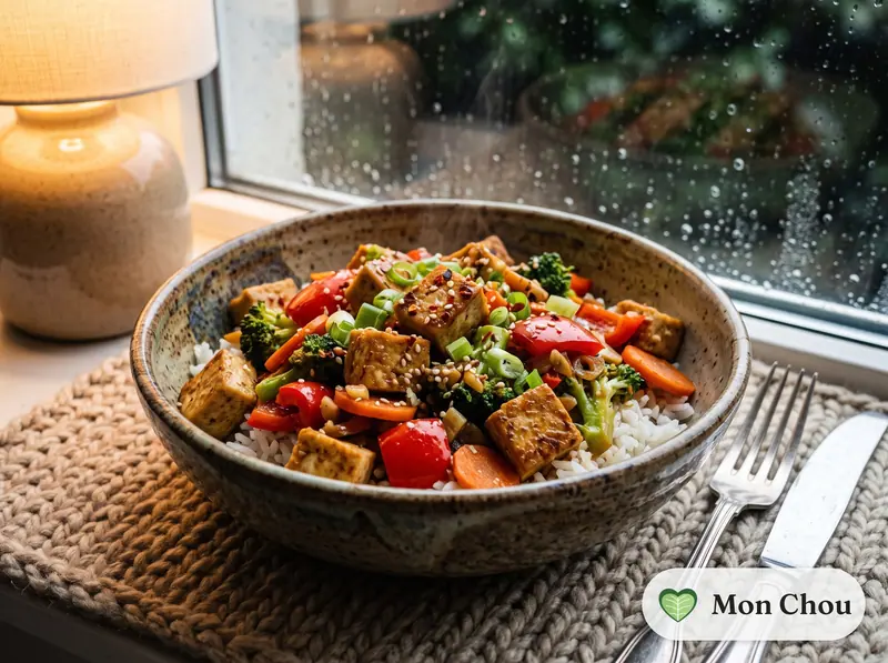 Gebratener Tofu mit Gemüse und Reis