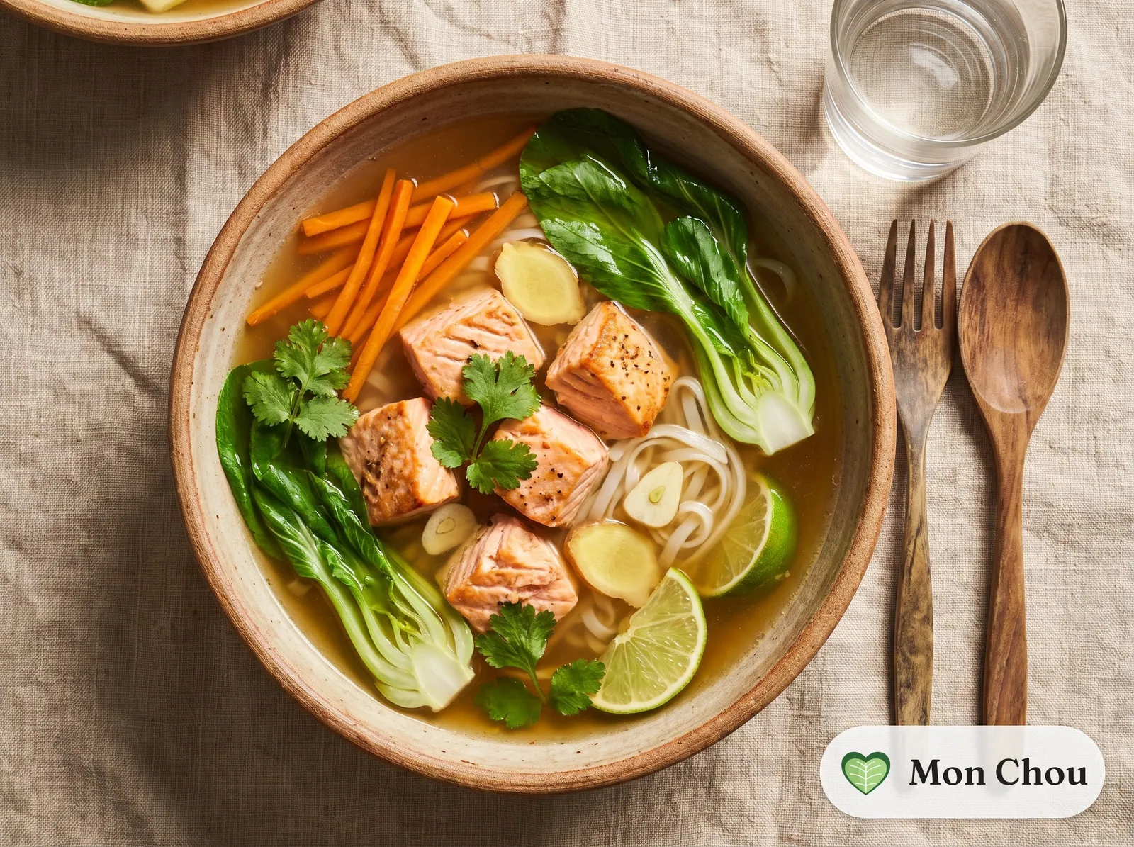 Bouillon de saumon au gingembre et nouilles de riz
