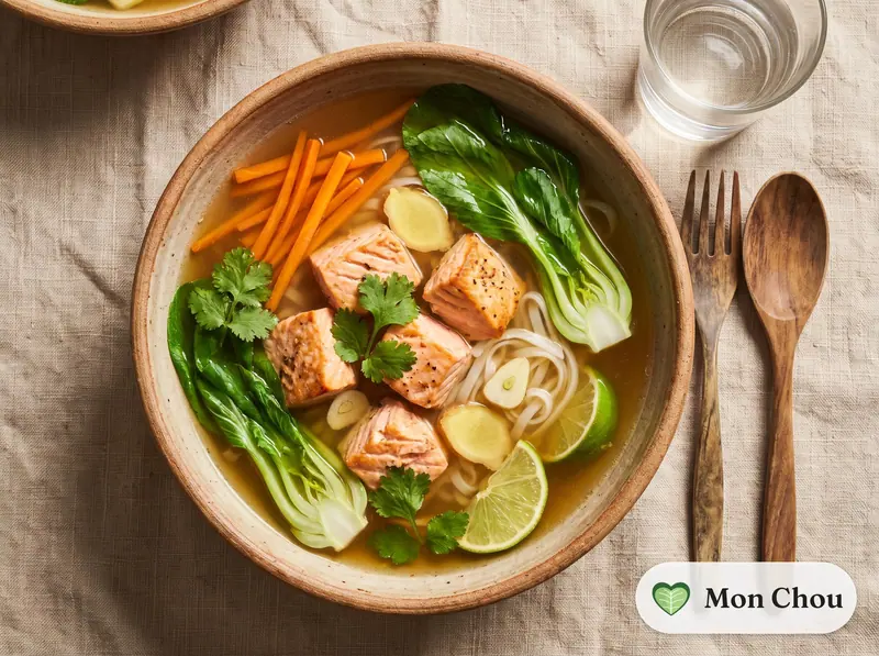 Bouillon de saumon au gingembre et nouilles de riz