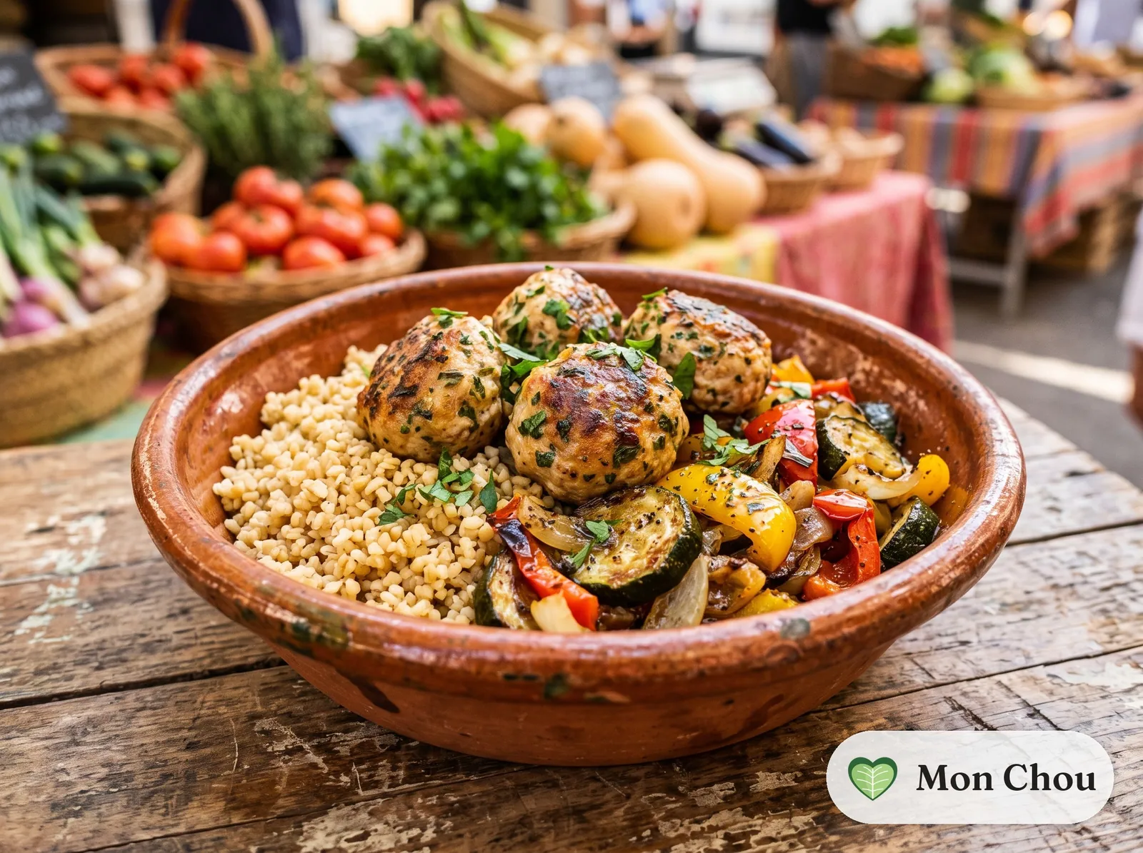 Herbed turkey meatballs with bulgur and roasted vegetables