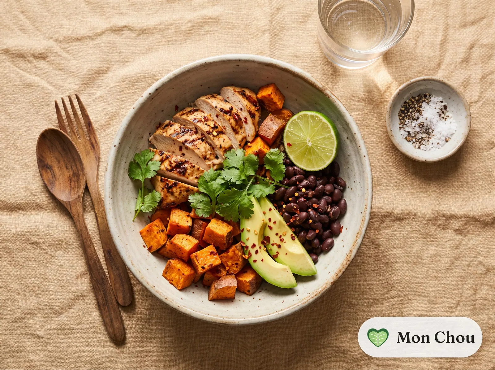 Bowl de poulet grillé, patate douce et haricots noirs