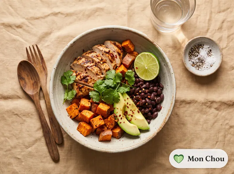 Bowl de poulet grillé, patate douce et haricots noirs