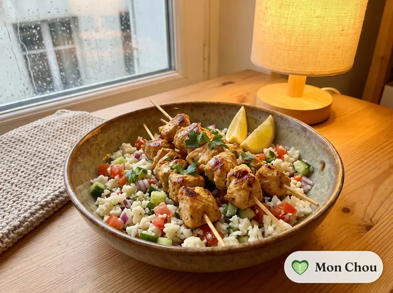 Brochettes de dinde et taboulé de chou-fleur