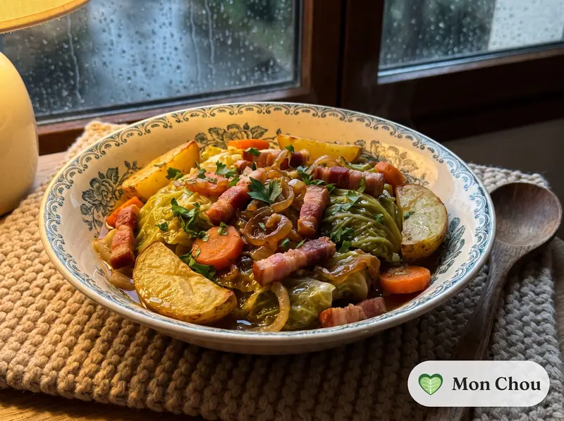 Chou vert braisé aux lardons et pommes de terre