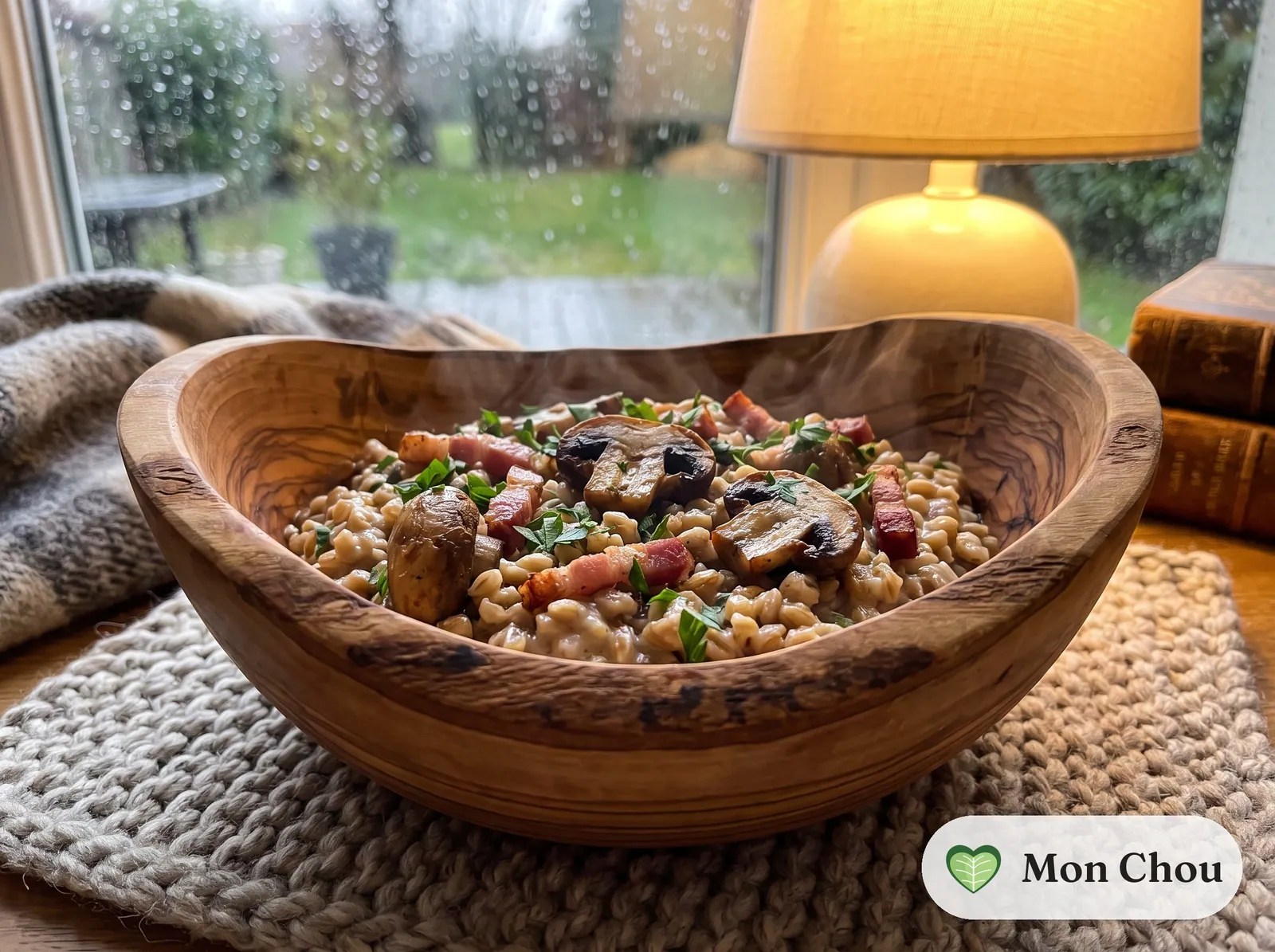 Spelt with mushrooms and bacon lardons