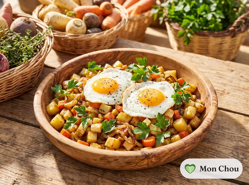 Hachis de légumes racines et œufs au plat