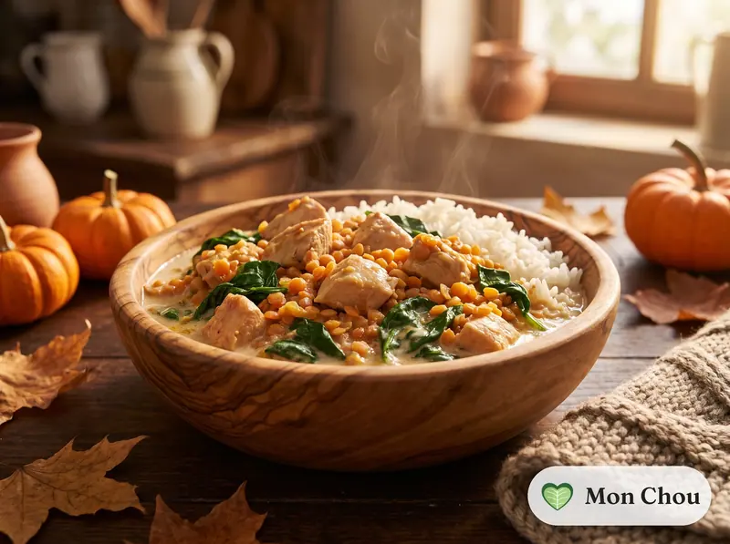 Mijoté de poulet aux lentilles corail et épinards, riz