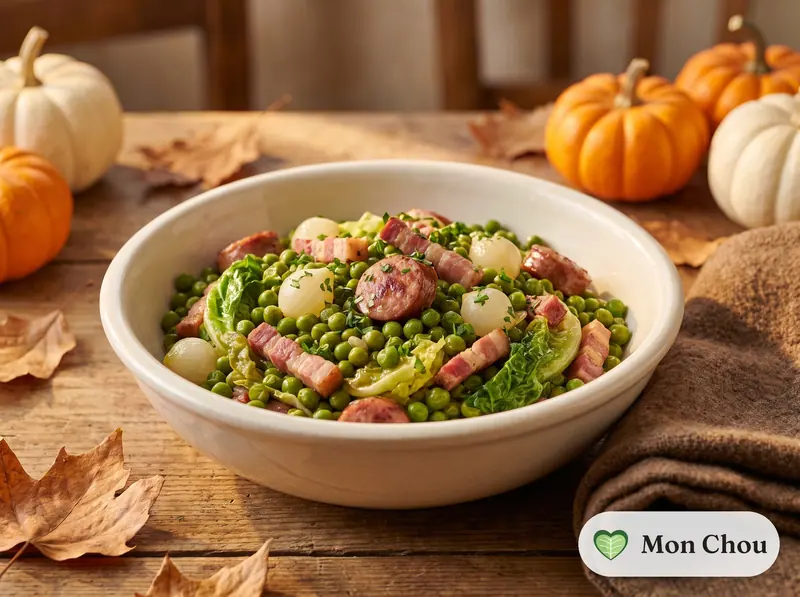 Petits pois aux lardons et saucisses grillées
