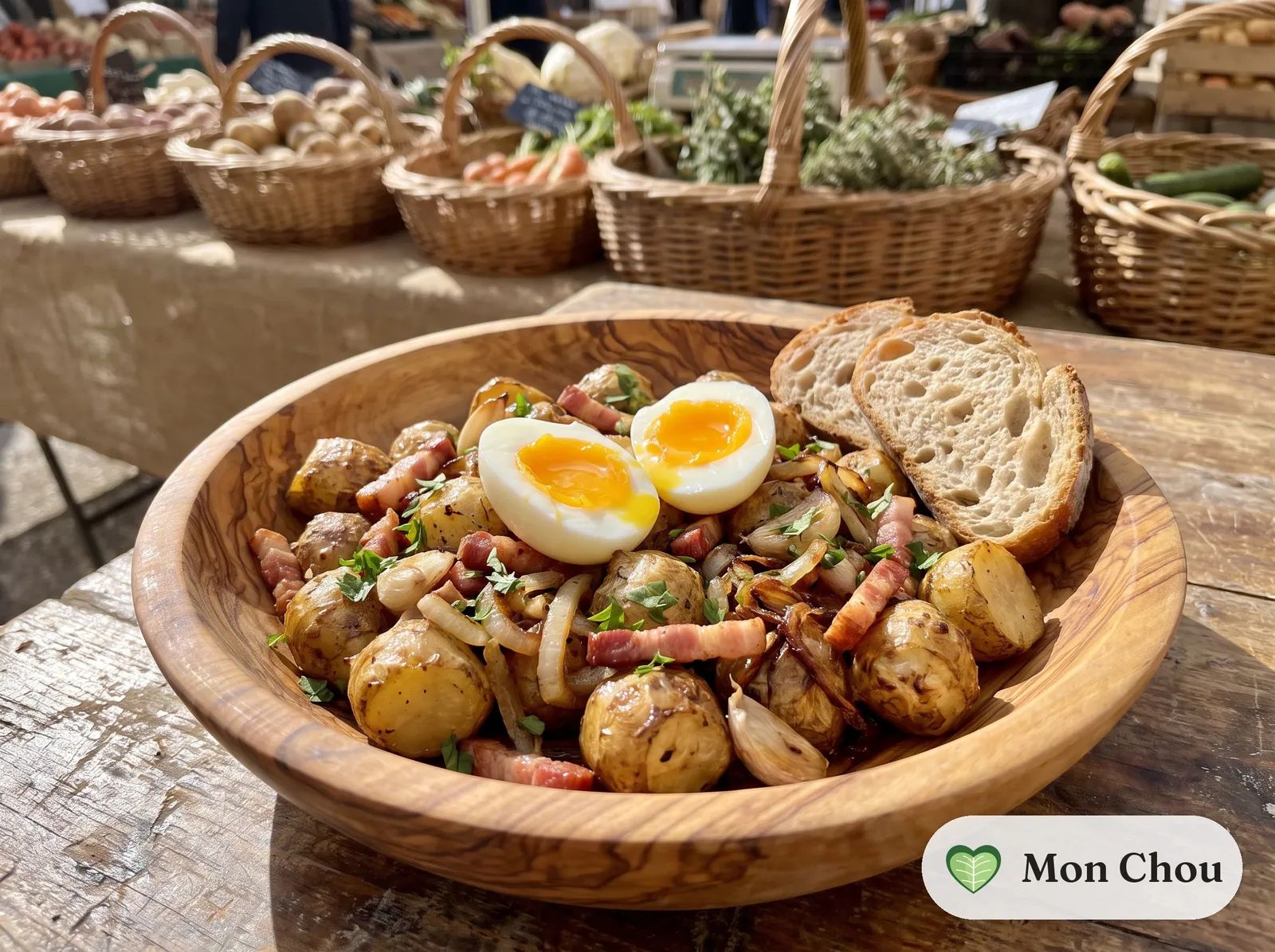 Topinambur-Pfanne mit Speck und wachsweichen Eiern