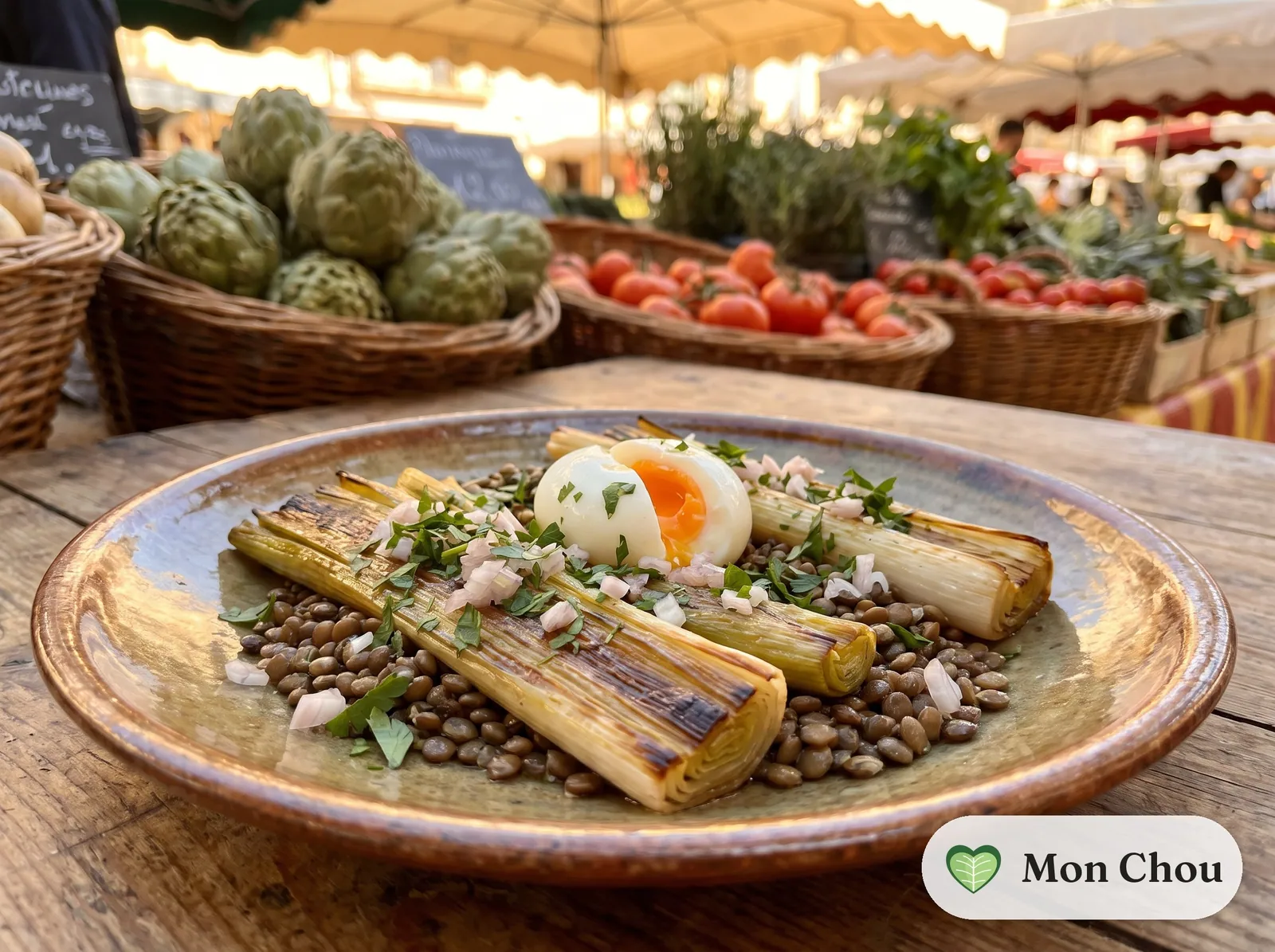 Poireaux rôtis et lentilles à la moutarde