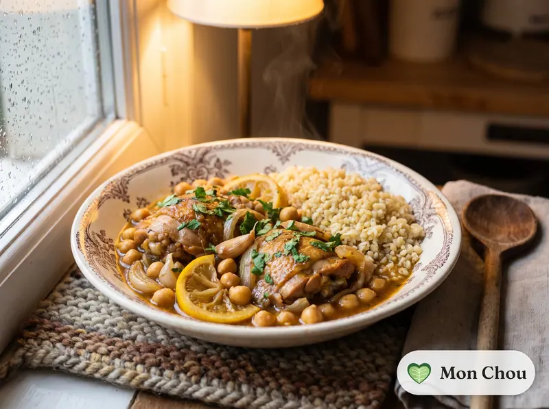 Poulet aux pois chiches et citron, boulgour