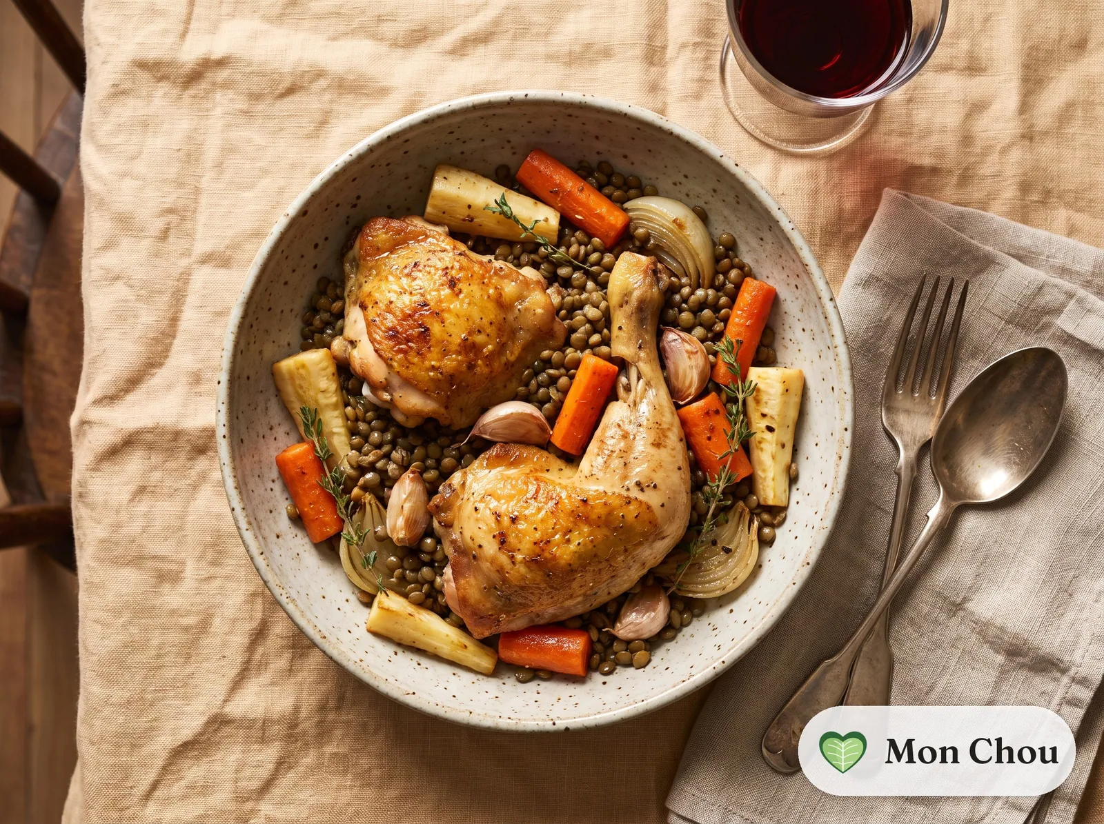 Poulet rôti aux légumes racines et lentilles vertes