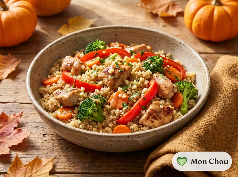 Quinoa sauté au poulet et légumes croquants