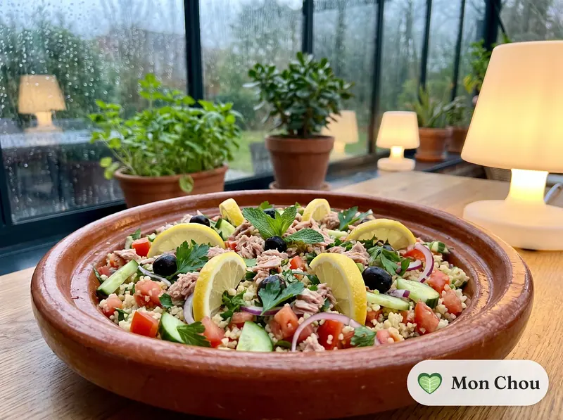 Salade de boulgour au thon, tomates et olives