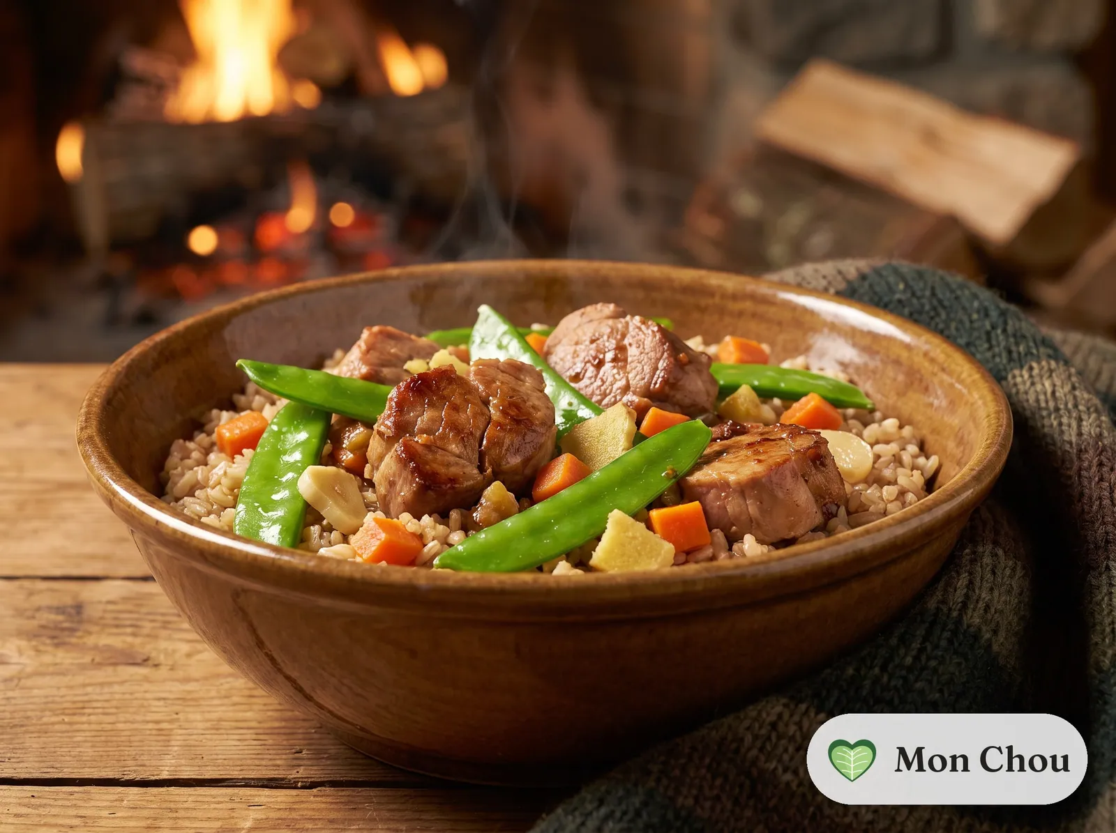 Sauté de porc aux pois gourmands et riz complet