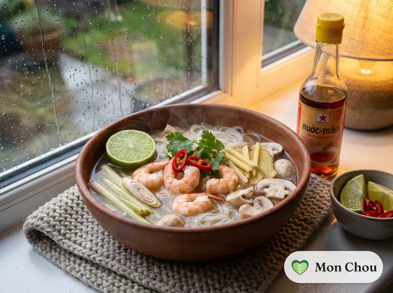 Soupe de crevettes à la citronnelle et vermicelles de riz