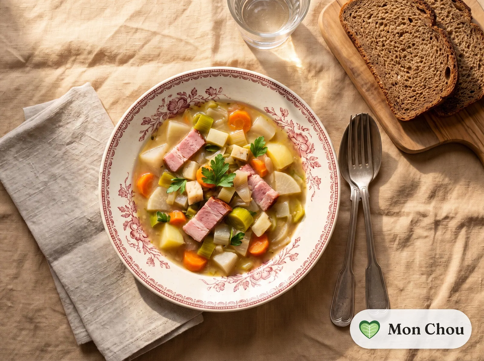 Winter vegetable soup with ham and rye bread