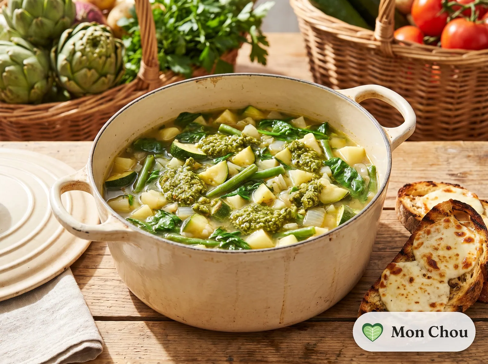 Green vegetable soup with pesto and mozzarella toasts