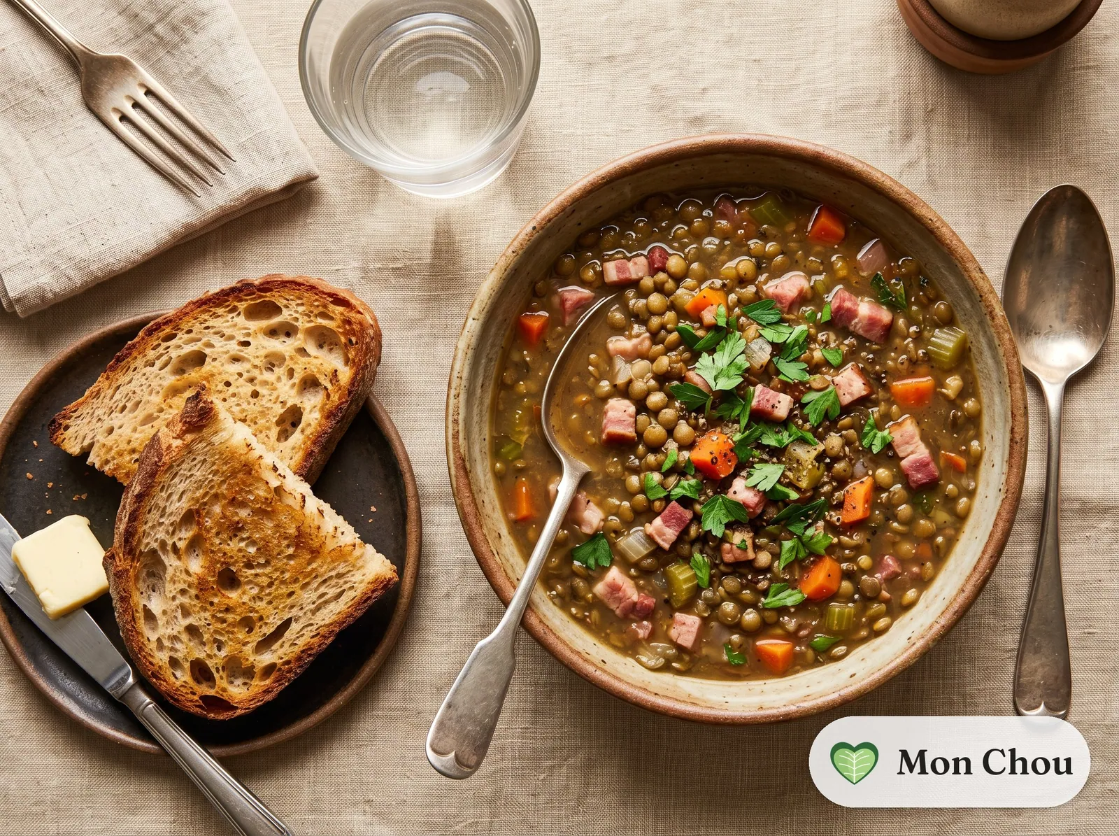 Lentil soup with smoked bacon and toasted bread
