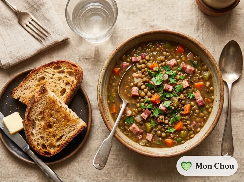 Soupe de lentilles au lard fumé et pain grillé