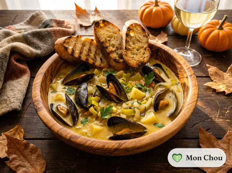 Soupe de moules au curry et pain grillé