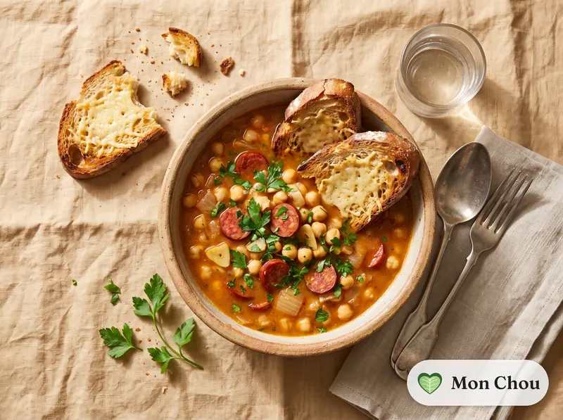 Soupe de pois chiches au chorizo et pain grillé