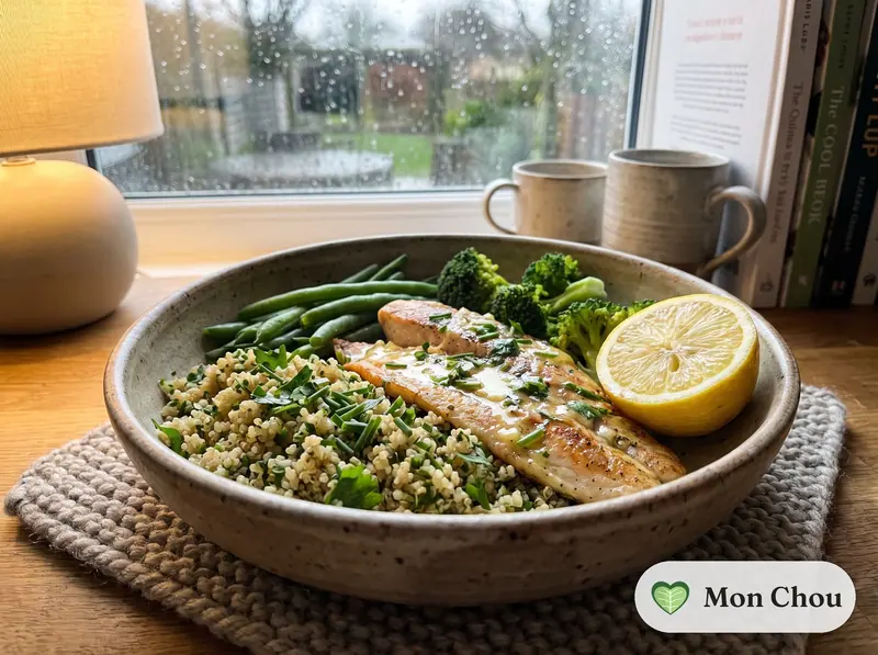 Truite, quinoa aux herbes et légumes verts