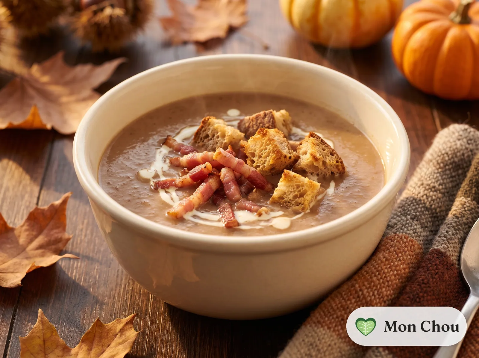 Chestnut soup with bacon and croutons