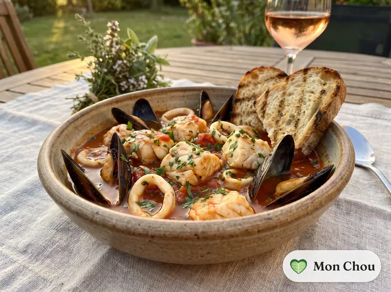 Fisch-Brodetto mit geröstetem Brot